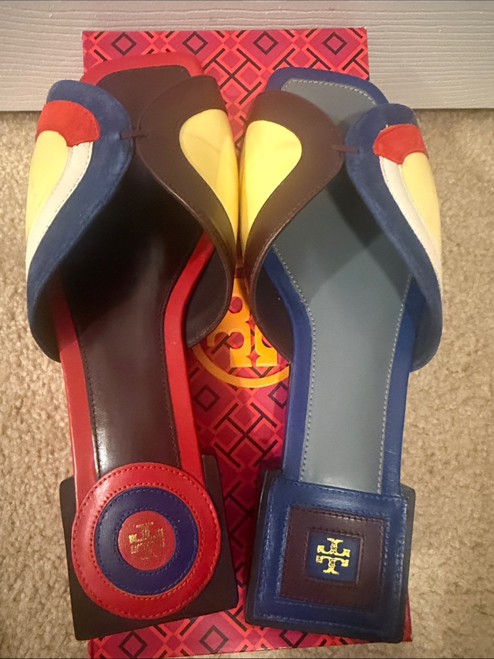 Tory Burch Multicolor Slide Sandals in Red and Blue with Yellow Accents - Picture 13 of 14